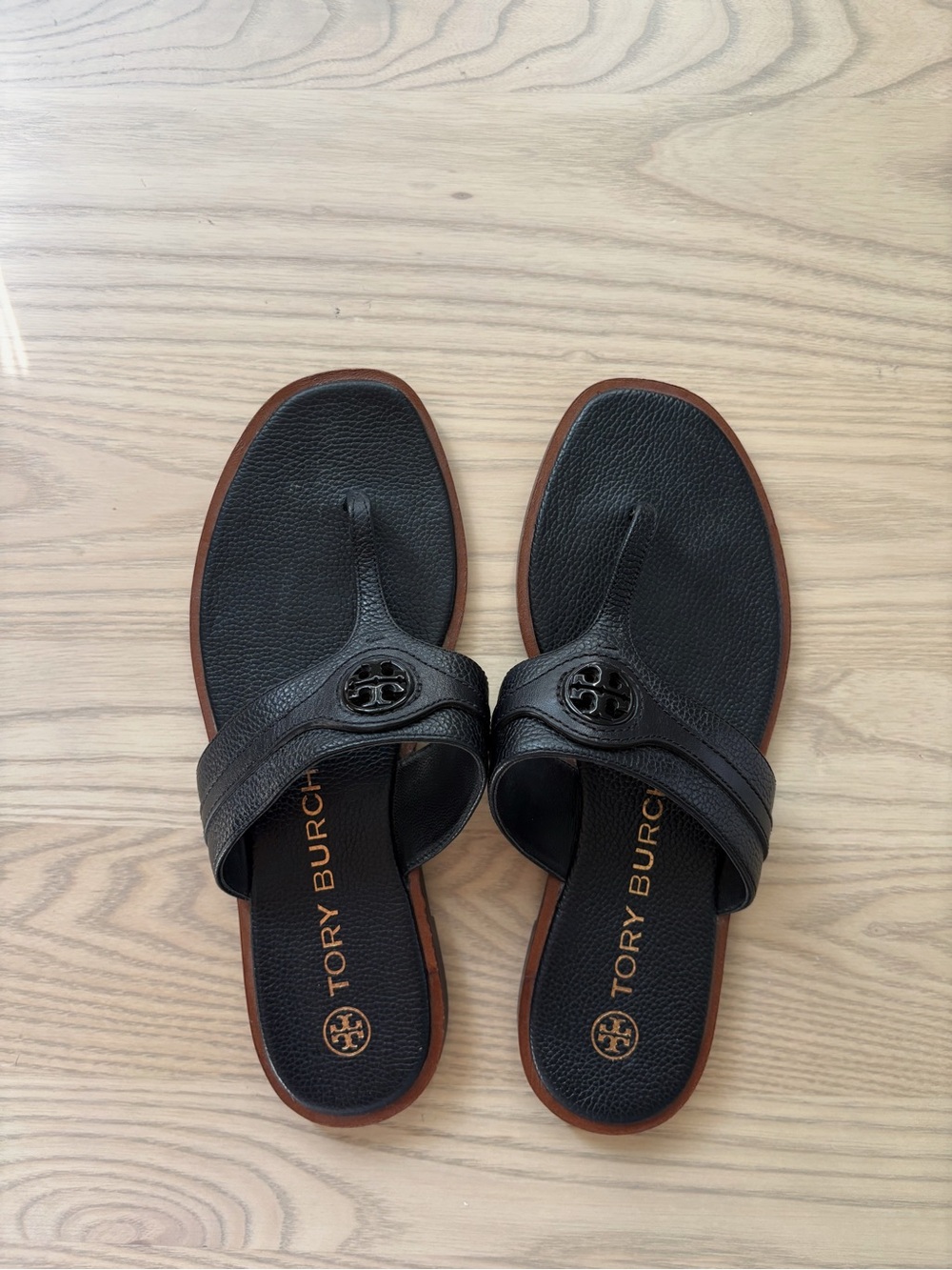Tory Burch Black Leather Logo Thong Sandals with Brown Trim